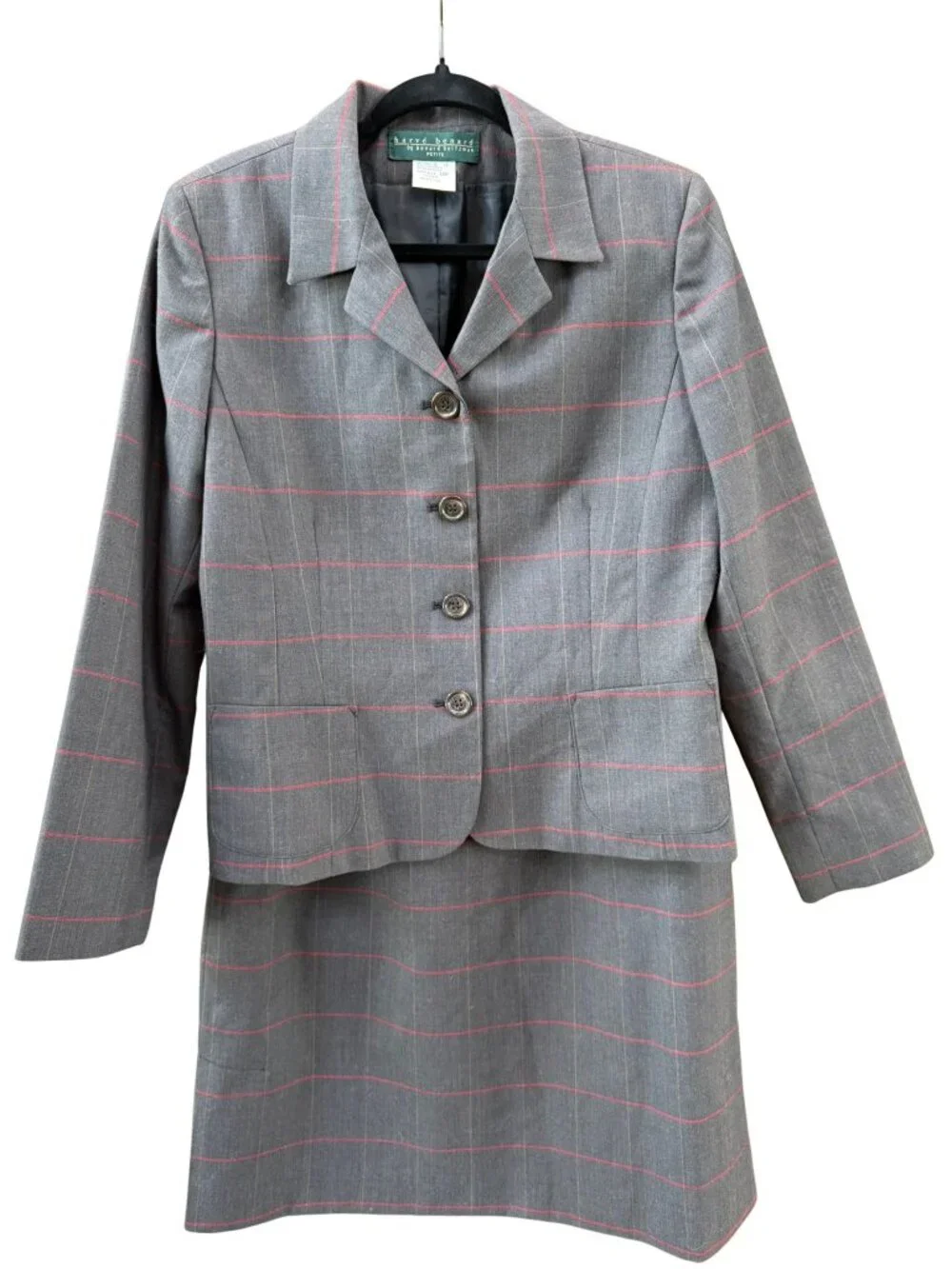 Vintage Herve Benard 100% Wool Suit Gray Red Plaid Jacket Skirt Petite 12P
